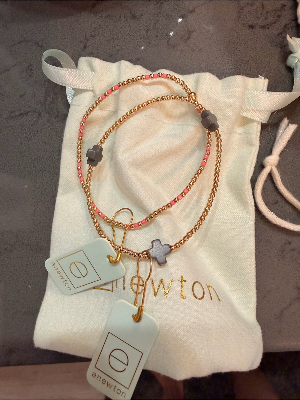 eNewton Gold Bracelet Set with Pink Beads and Gray Cross Charms